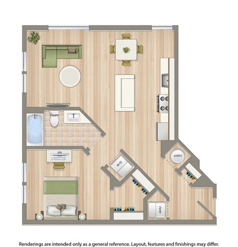 Floor plan for 1 bed, 1 bath, 762 sqft